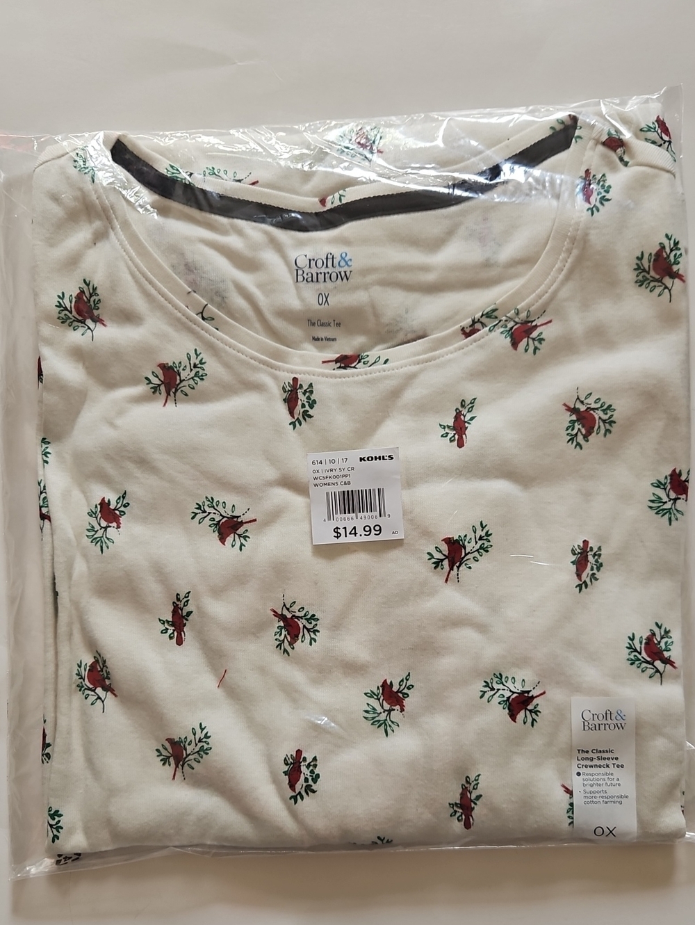 Plus Size Croft & Barrow Essential Crewneck Long Sleeve Tee, Ivory Cardinal, 0X